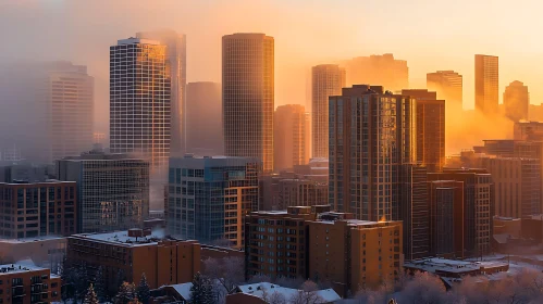 Foggy Urban Sunrise with Snow-Capped Buildings