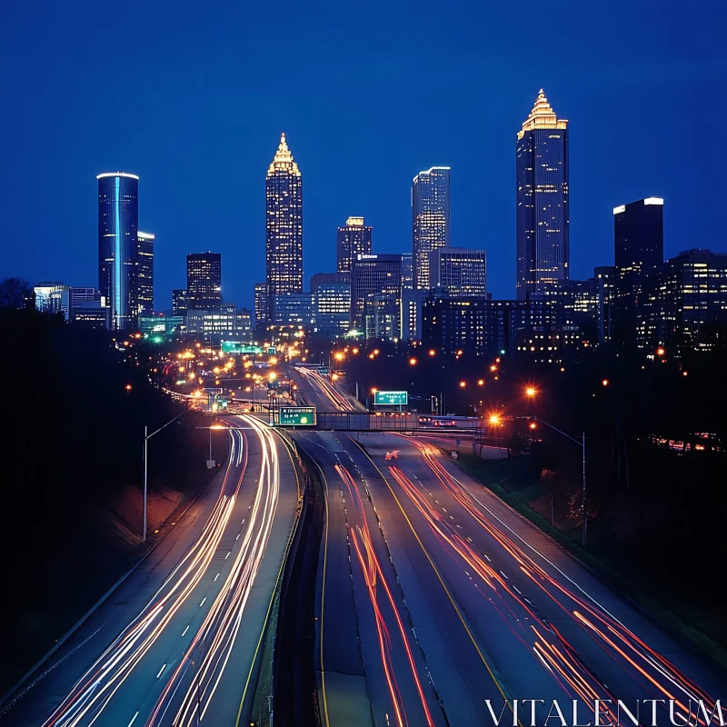 City Skyline at Night with Luminous Traffic