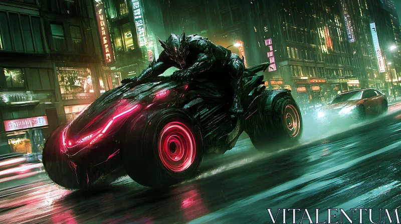 Cinematic Night Scene of Cyborg in Futuristic City