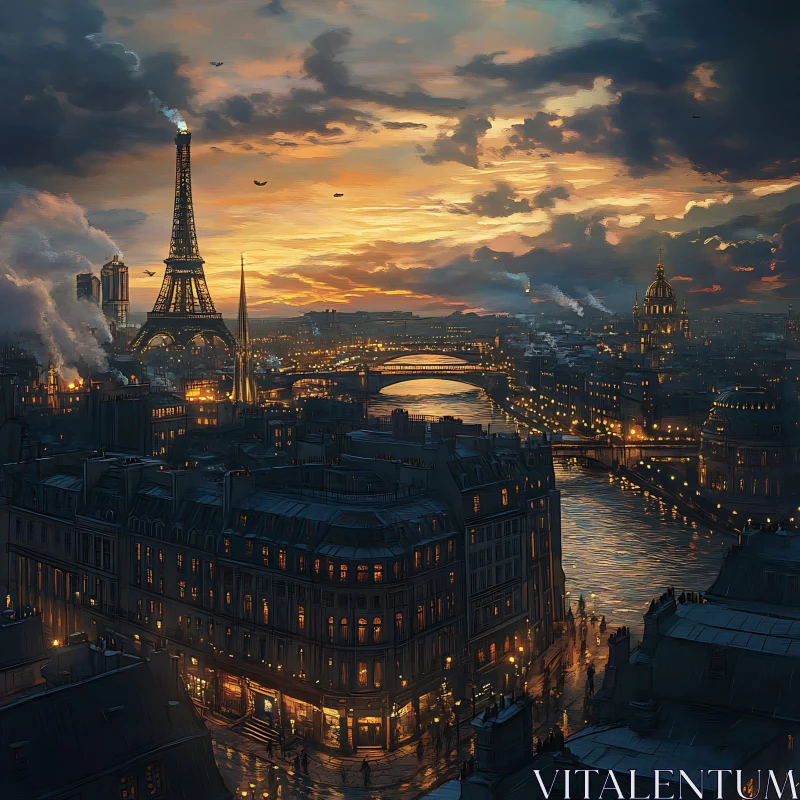 Evening Paris Skyline with Illuminated Eiffel Tower