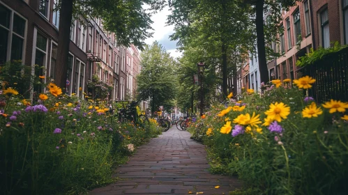 Picturesque Urban Street with Colorful Blossoms