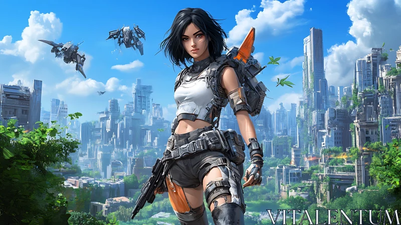 Cyberpunk Future City with Female Soldier