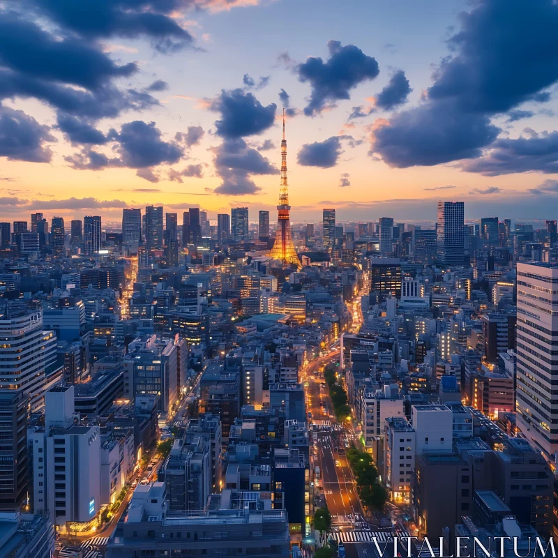 Aerial Cityscape at Sunset Featuring Illuminated Tower