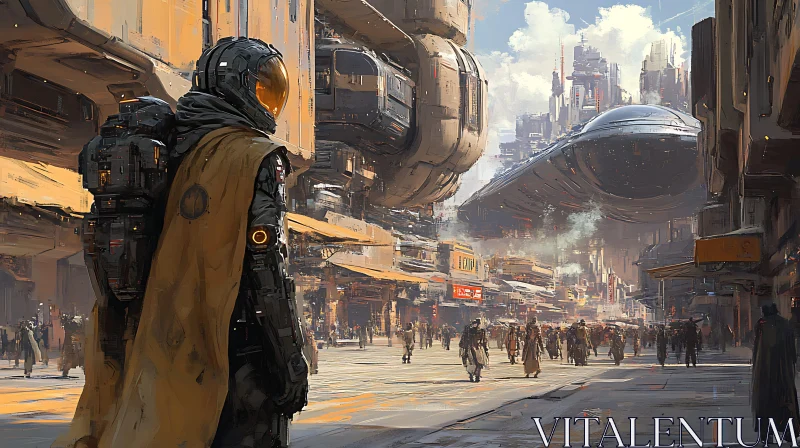 Urban Sci-Fi Scene with Advanced Armor and Flying Vehicles