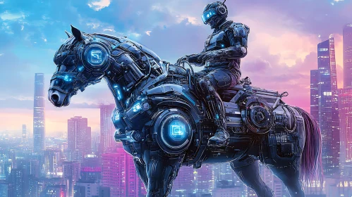 Cyborg Rider on Robotic Horse Amidst Cityscape
