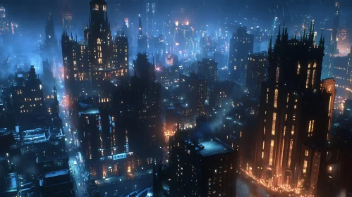 Nighttime Urban Skyline Featuring Gothic Architecture