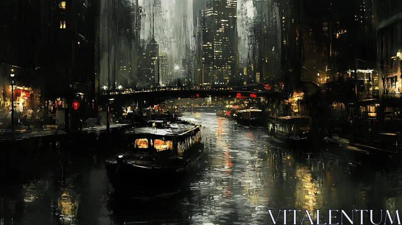 City Nightscape with Boats and Illuminated Buildings