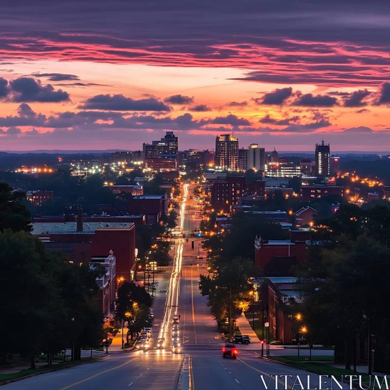 Sunset City Skyline Illuminated by Street Lights AI Image