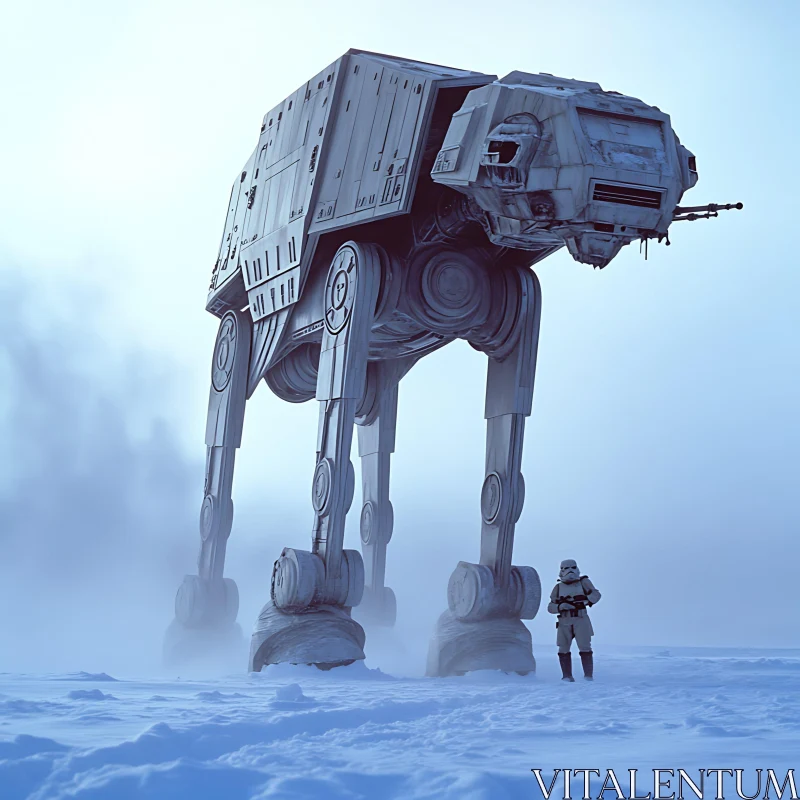 Giant Four-Legged Robot in Winter Scene AI Image