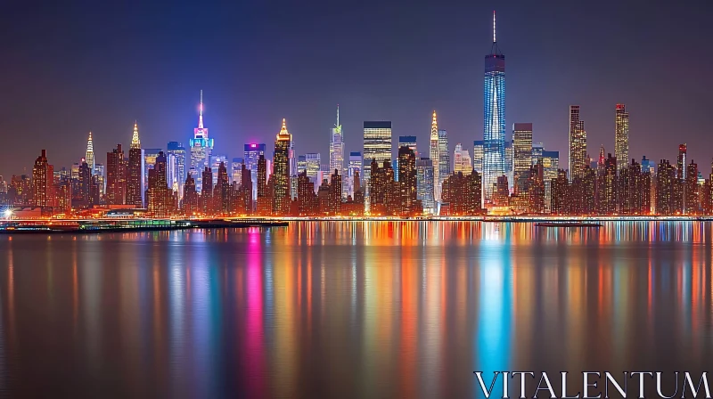 AI ART Nighttime Urban Skyline with Vibrant Reflections