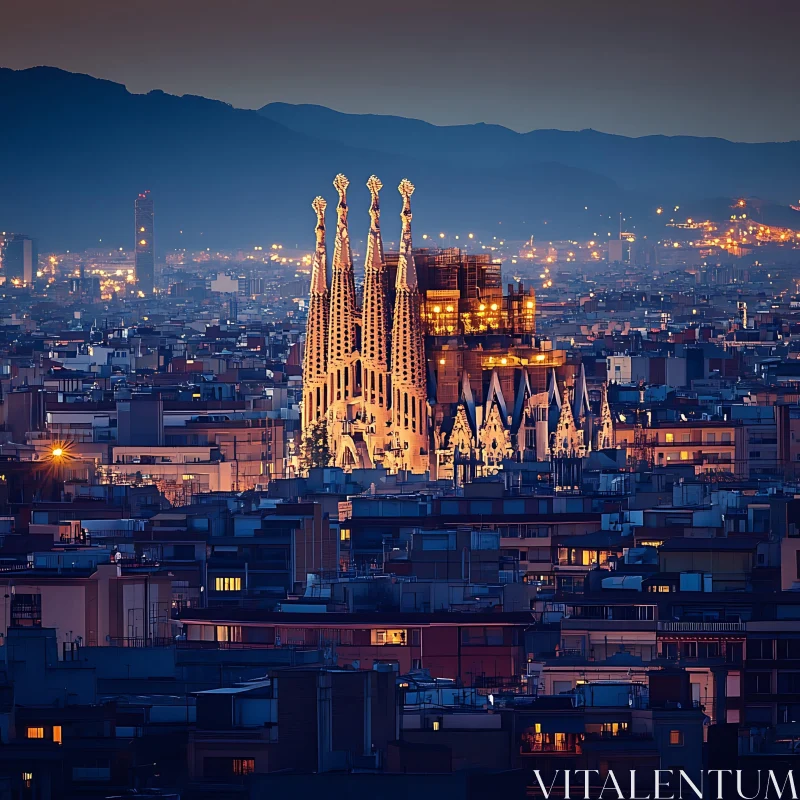 Nighttime Cityscape with Glowing Cathedral AI Image