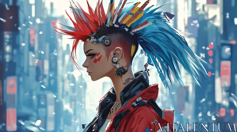 Cyberpunk Character with Vibrant Hair in Neon City AI Image