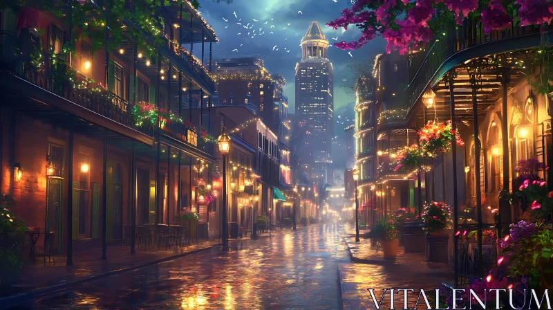 Enchanting Night Scene of Urban Street with Lights and Nature AI Image