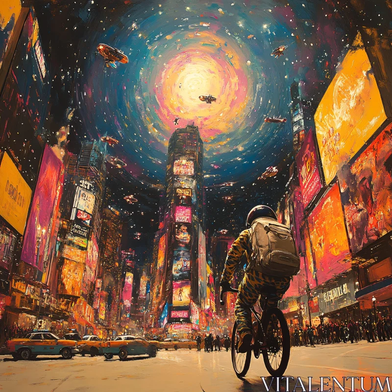 Neon City Cyclist Under Cosmic Night Sky AI Image