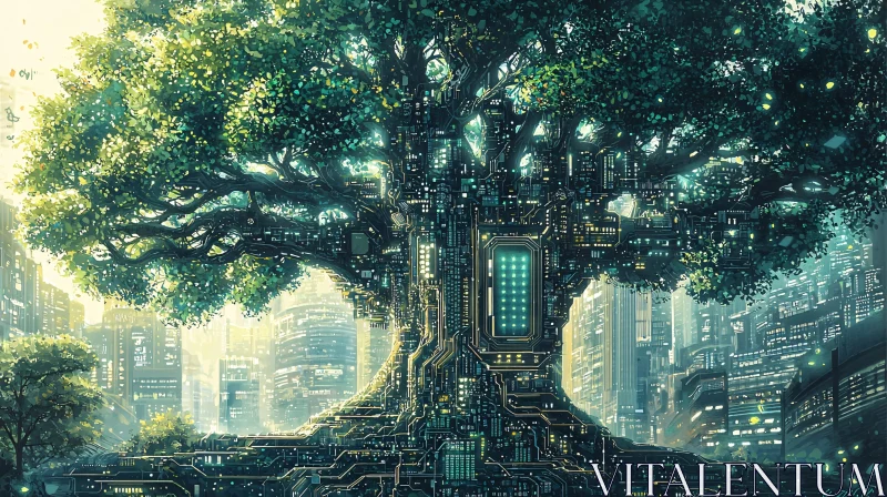 Technological Tree in Future City AI Image