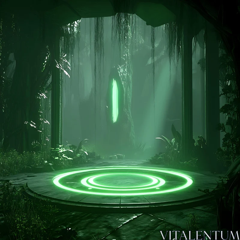 Mysterious Green Ring Portal in Forest AI Image