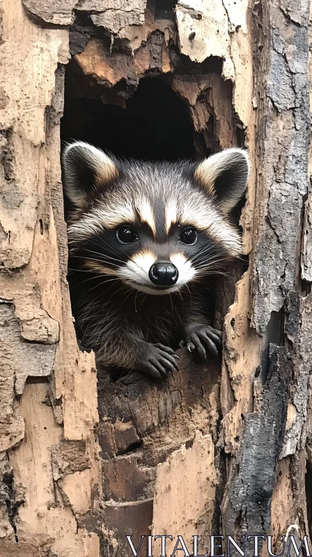 AI ART Raccoon Peeking From Tree