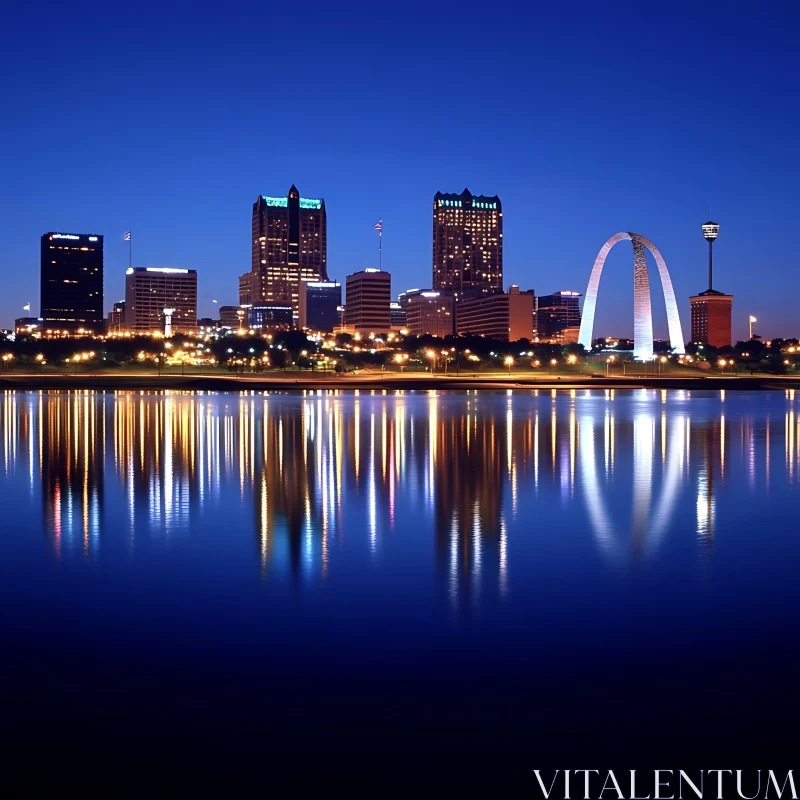 Nighttime City Skyline with Reflections AI Image