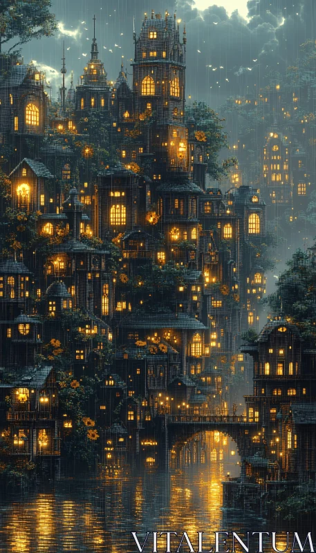 Enchanted Cityscape in Rain AI Image