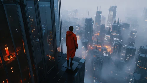 Man in Red Coat Stands on Skyscraper Edge in Futuristic City