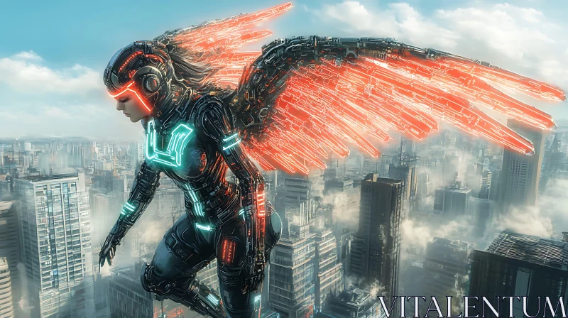 AI ART Neon-Winged Cyborg Flying Above a Futuristic City