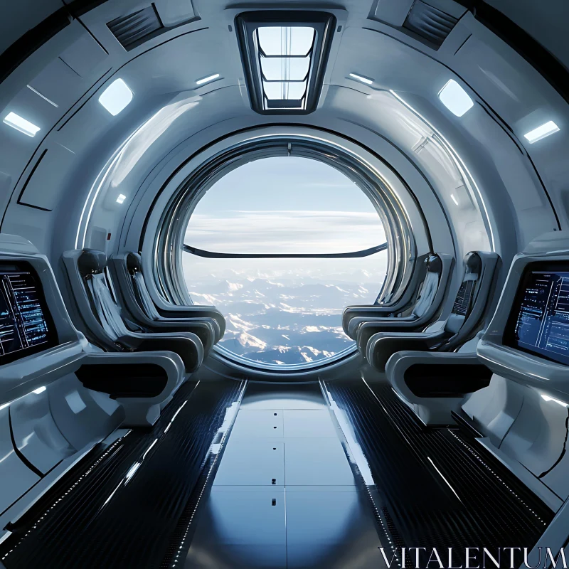 Modern Spaceship Cabin with Mountain View AI Image