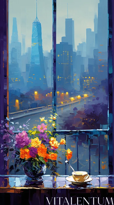 City Skyline with Flowers and Tea AI Image