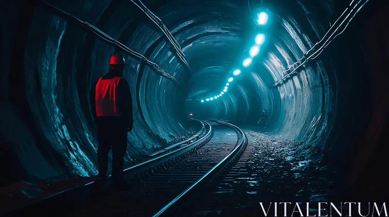 Eerie Subway Tunnel with Train Tracks AI Image