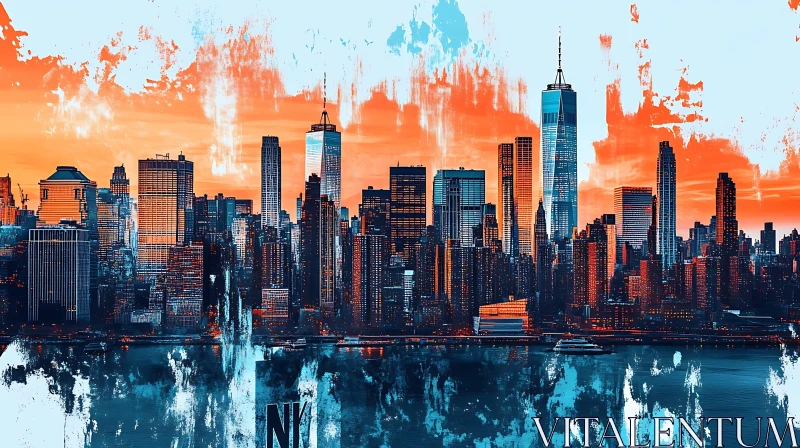 City Skyline at Sundown with Artistic Touch AI Image