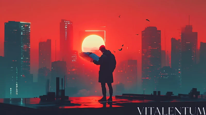 Lone Figure Reading on Rooftop at Sunset in Futuristic City AI Image