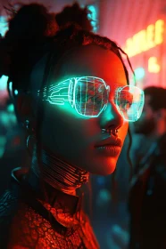 Cyberpunk Woman in Neon Glasses - Futuristic Look