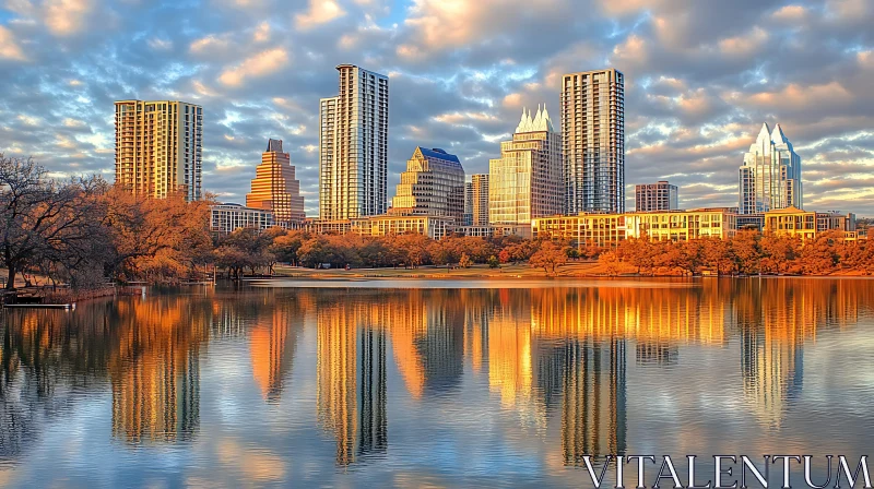 Autumn Cityscape with Lakeside Reflections AI Image