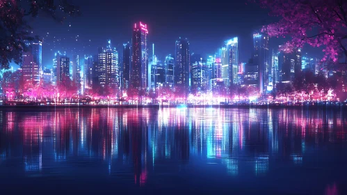 Neon Lit Cityscape by the Water