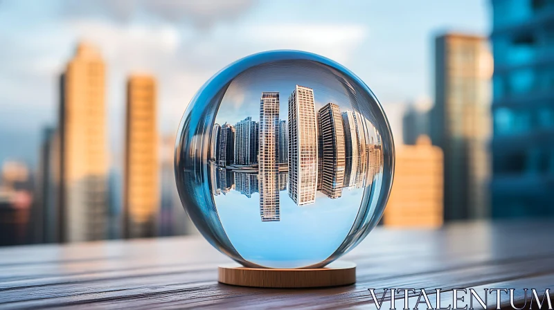 City Skyline Reflected in Glass Sphere AI Image