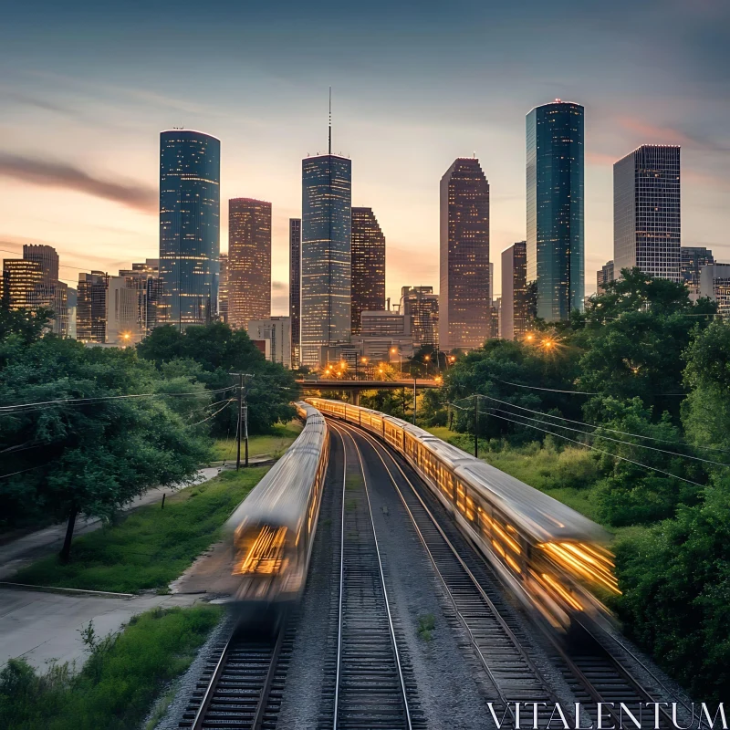 Urban Cityscape at Dusk with Motion Blur Trains AI Image