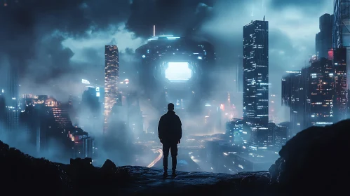 Man Observing Futuristic City at Night