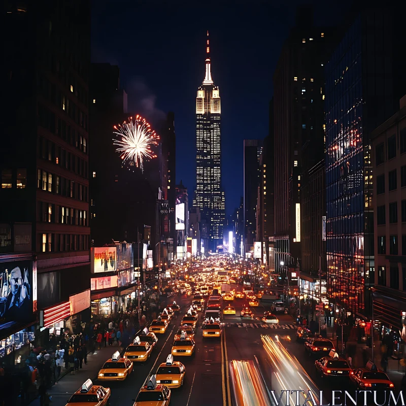 Nighttime Urban Scene with Skyscrapers and Vibrant City Life AI Image