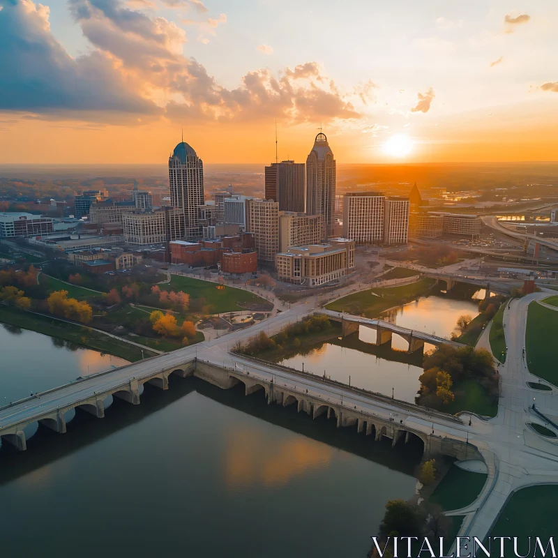 AI ART Sunset Over City Skyline with Reflections in River