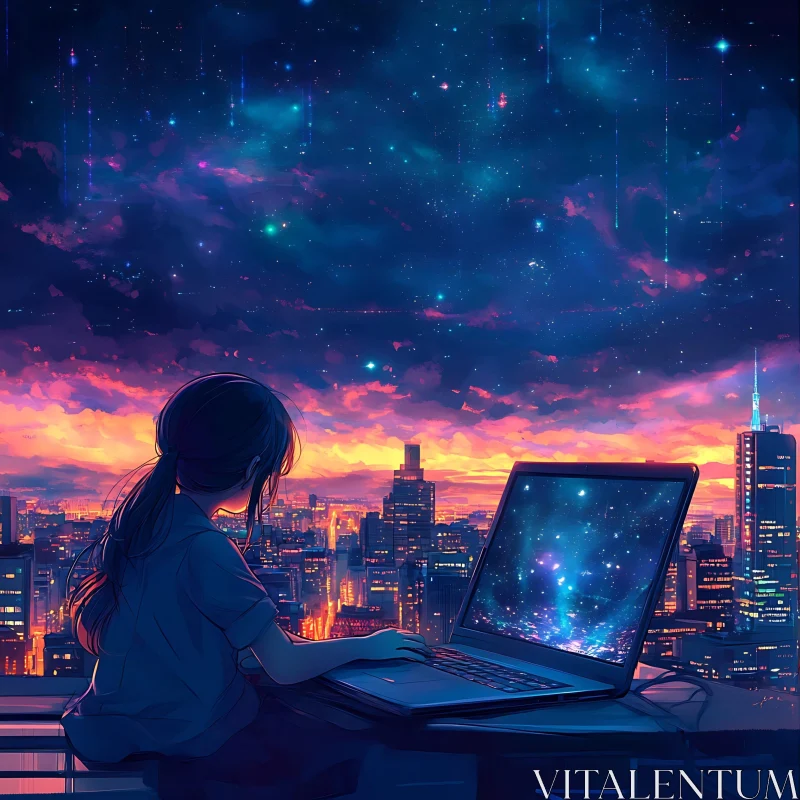 AI ART Urban Sunset with Starry Sky and Technology