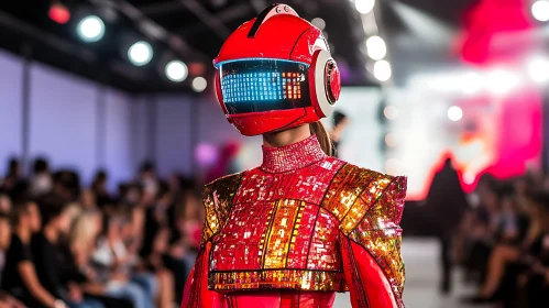 Avant-Garde Runway Fashion: Cyber Helmet and Sequined Outfit