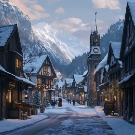 Charming Snowy Village with Clock Tower and Mountain Backdrop