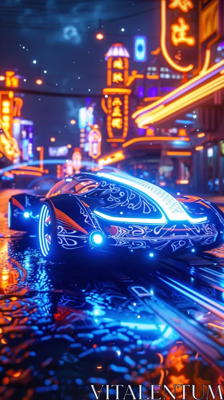 Neon-Lit Futuristic Car on Rainy Night Street AI Image