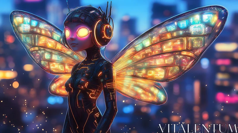 Technological Cyborg with Neon Wings in Urban Setting AI Image