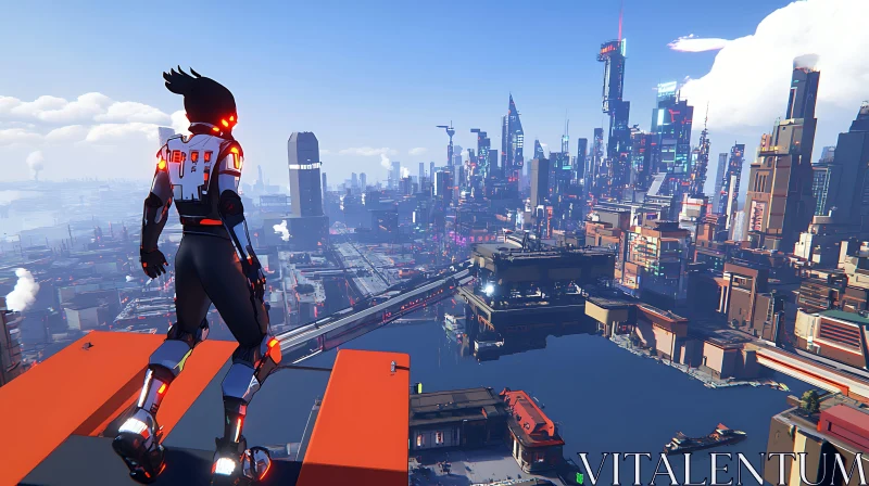 AI ART Cyberpunk City View with Robotic Figure