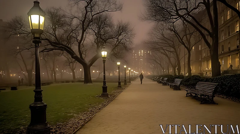 Eerie Foggy Park with a Silhouette at Night AI Image