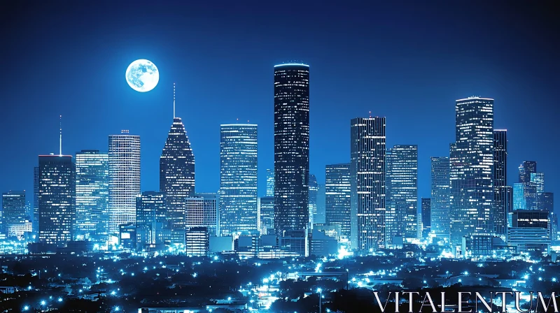 AI ART Urban Night Skyline Under Full Moon