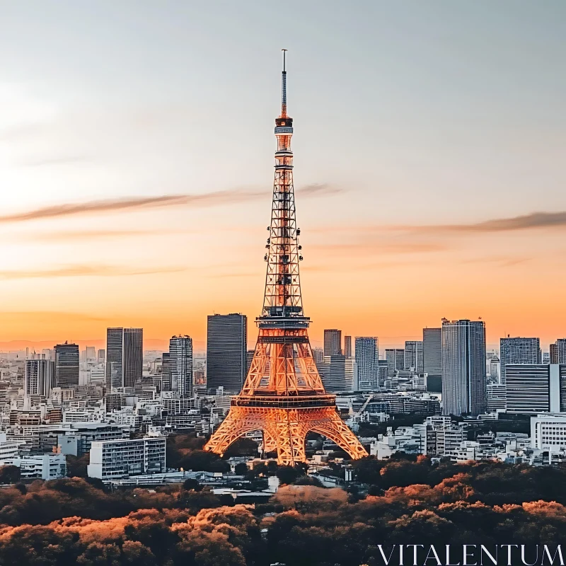 AI ART Tower Illuminated by Sunset in City