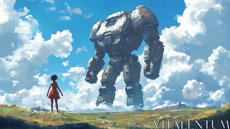 AI ART Girl Meets Giant Robot in a Picturesque Landscape