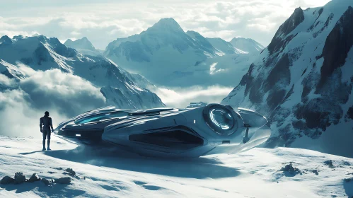 Spaceship in Snowy Mountain Terrain