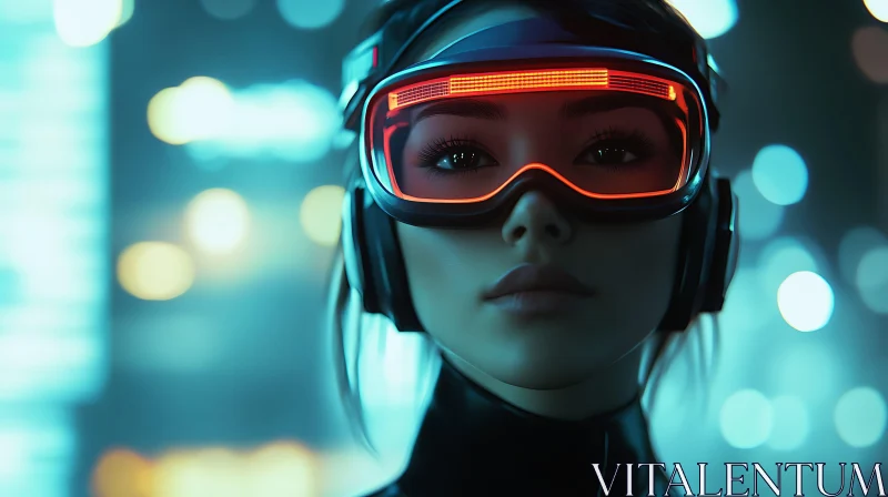 AI ART Cyber Woman with Neon Headset in Future Cityscape